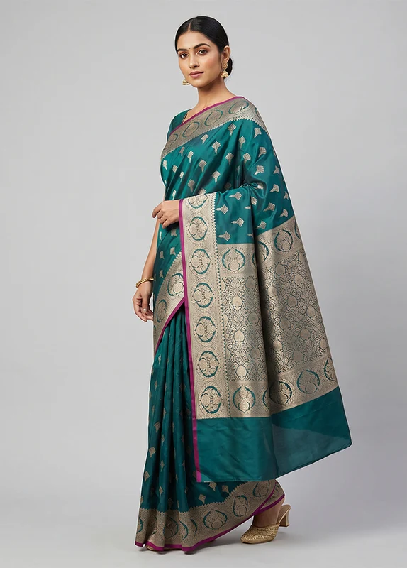 Blue Katan Silk Saree With Blouse Piece One Size