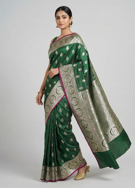 Green Katan Silk Saree With Blouse Piece One Size