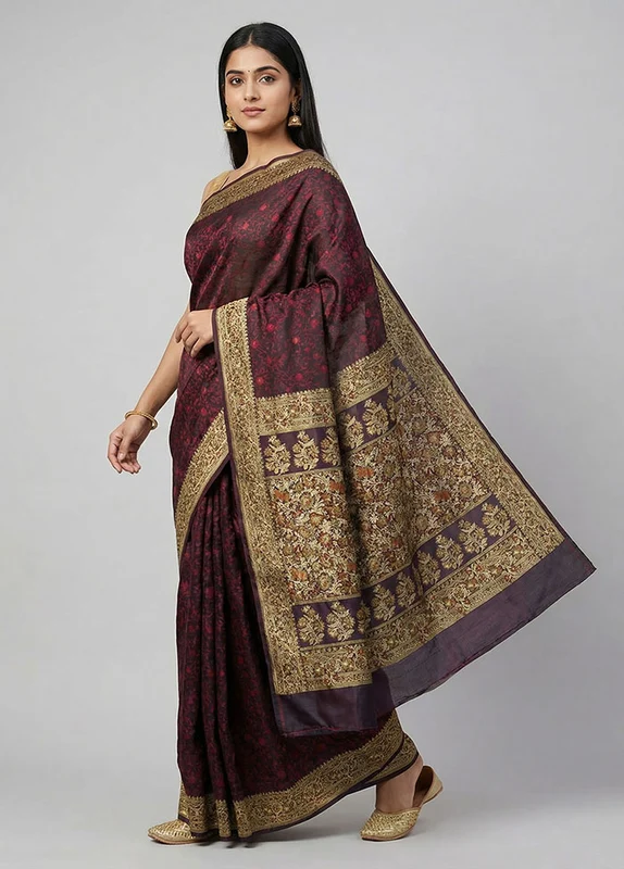 Black Handloom Jamewar Pure Silk Saree With Blouse Piece One Size