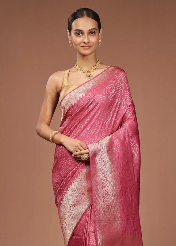 Pink Dupion Silk Saree With Blouse Piece One Size
