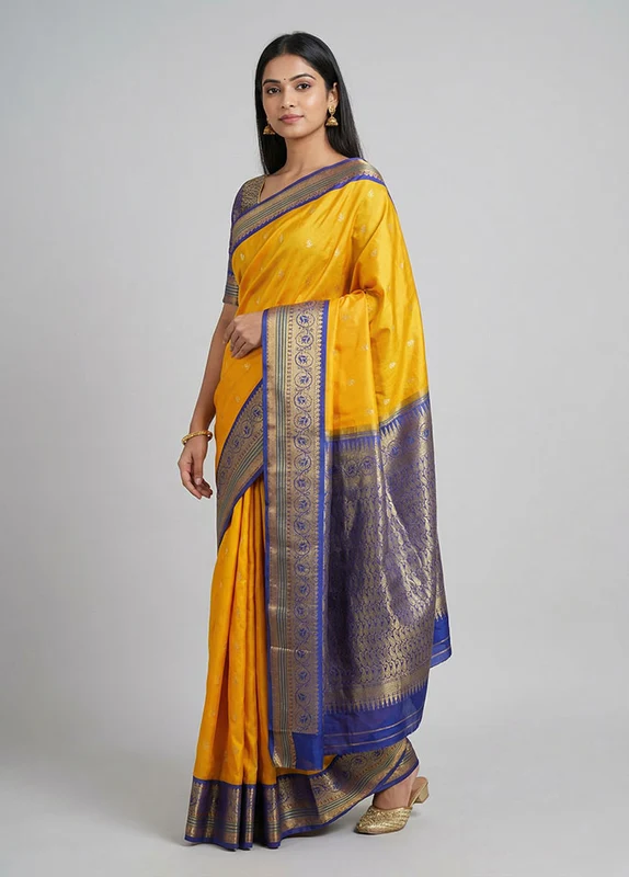 Yellow Kanjivaram Silk Saree With Blouse Piece One Size