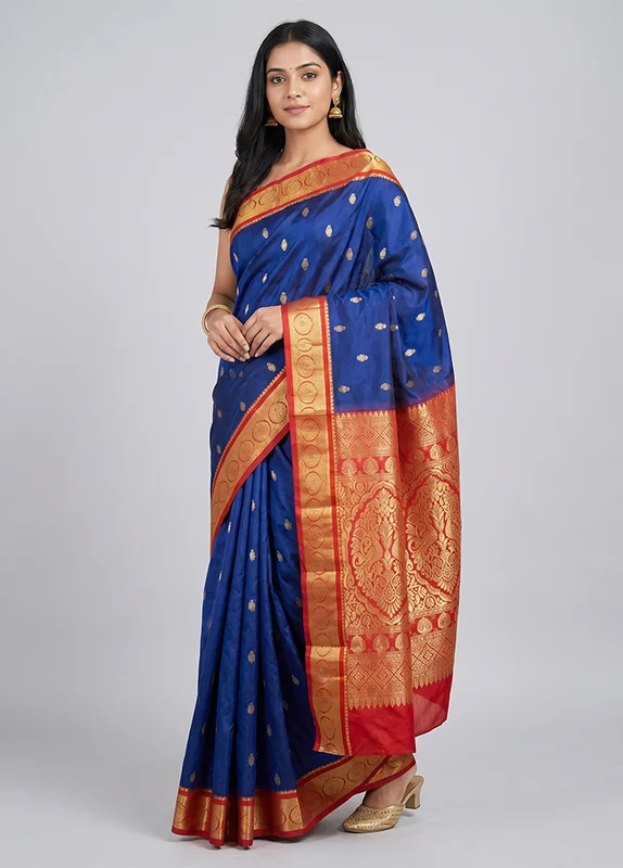 Blue Kanjivaram Silk Saree With Blouse Piece One Size