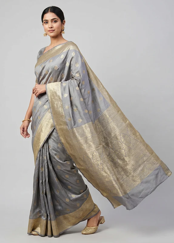 Grey Kanjivaram Silk Saree With Blouse Piece One Size