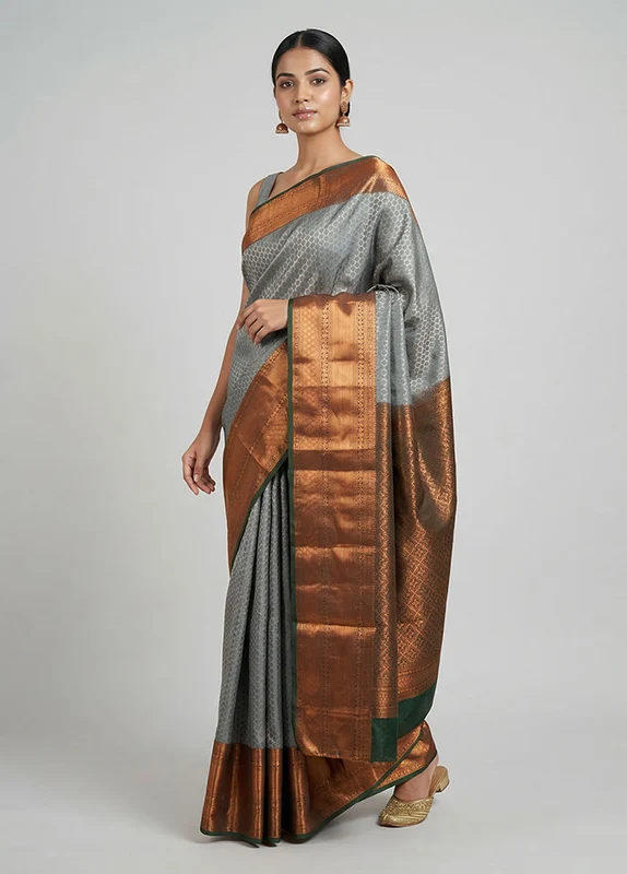 Grey Kanjivaram Silk Saree With Blouse Piece One Size