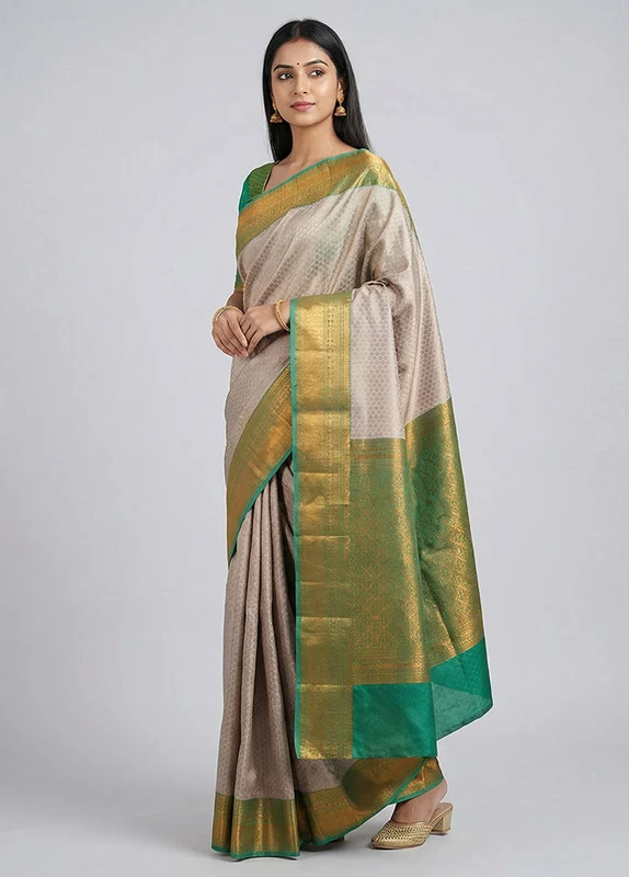 Grey Kanjivaram Silk Saree With Blouse Piece One Size