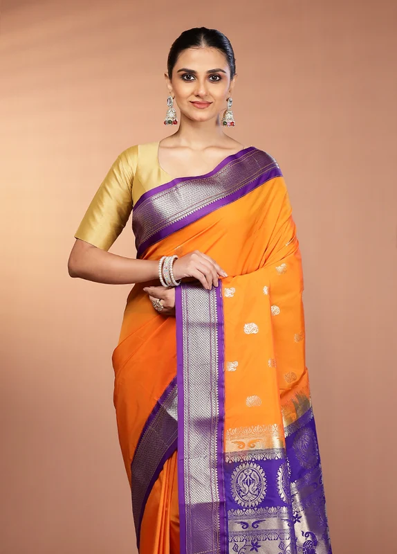 Orange Kanjivaram Silk Saree With Blouse Piece One Size