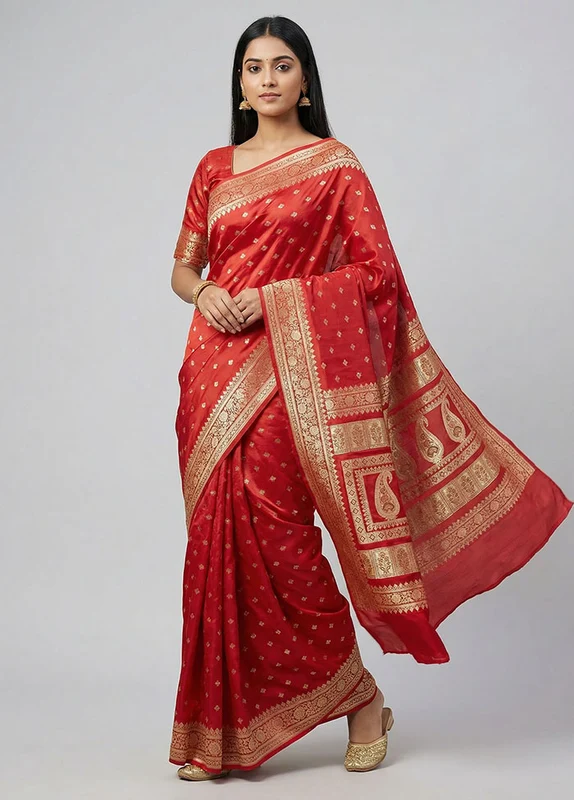 Red Banarasi Silk Saree With Blouse Piece One Size