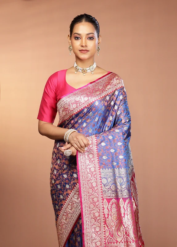 Blue Tanchoi Silk Saree With Blouse Piece One Size