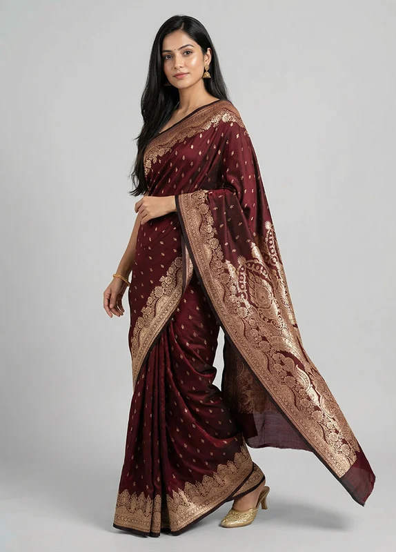 Maroon Banarasi Silk Saree With Blouse Piece One Size