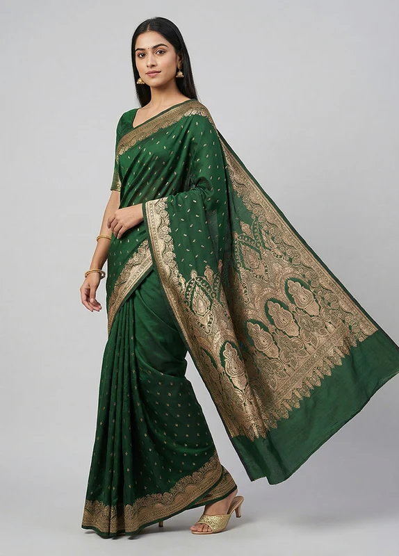 Green Banarasi Silk Saree With Blouse Piece One Size