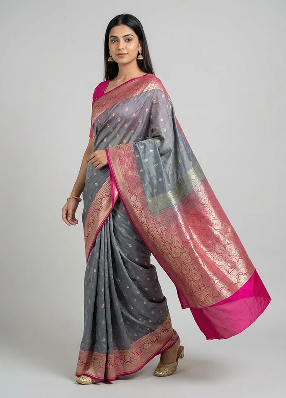 Blue Tussar Silk Saree With Blouse Piece One Size