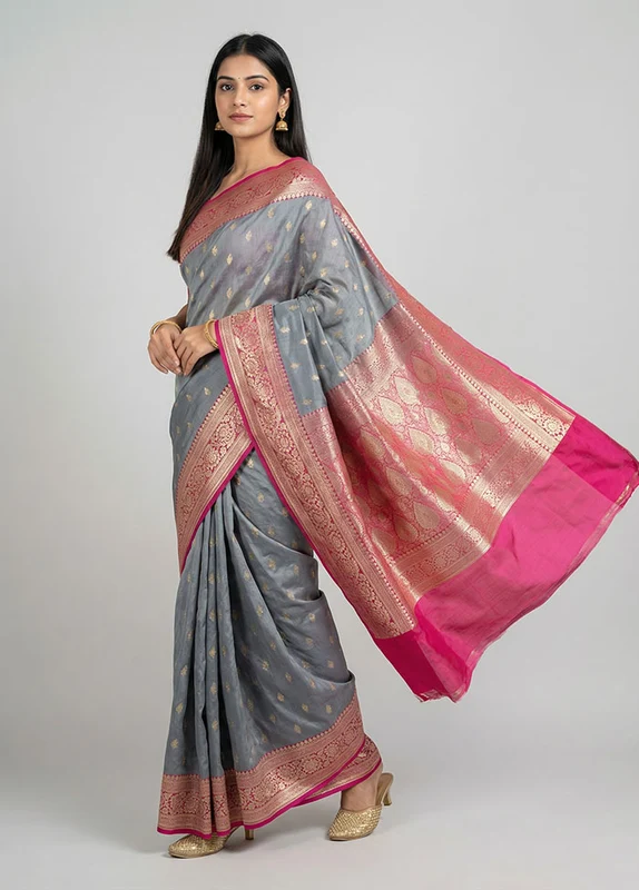 Blue Tussar Silk Saree With Blouse Piece One Size
