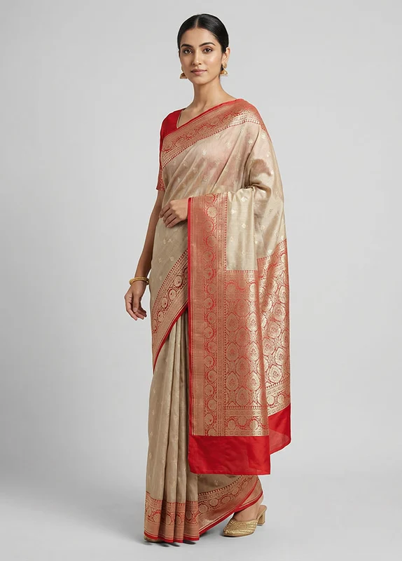 Cream Tussar Silk Saree With Blouse Piece One Size