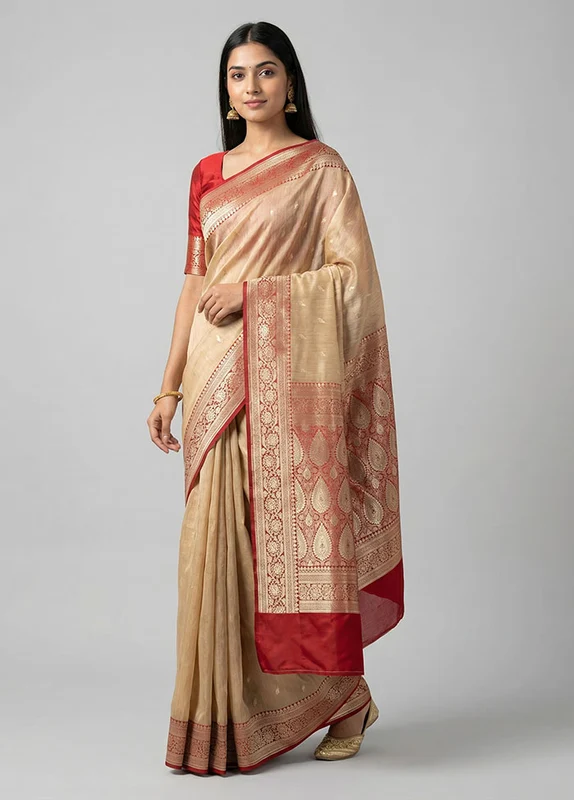 Cream Tussar Silk Saree With Blouse Piece One Size