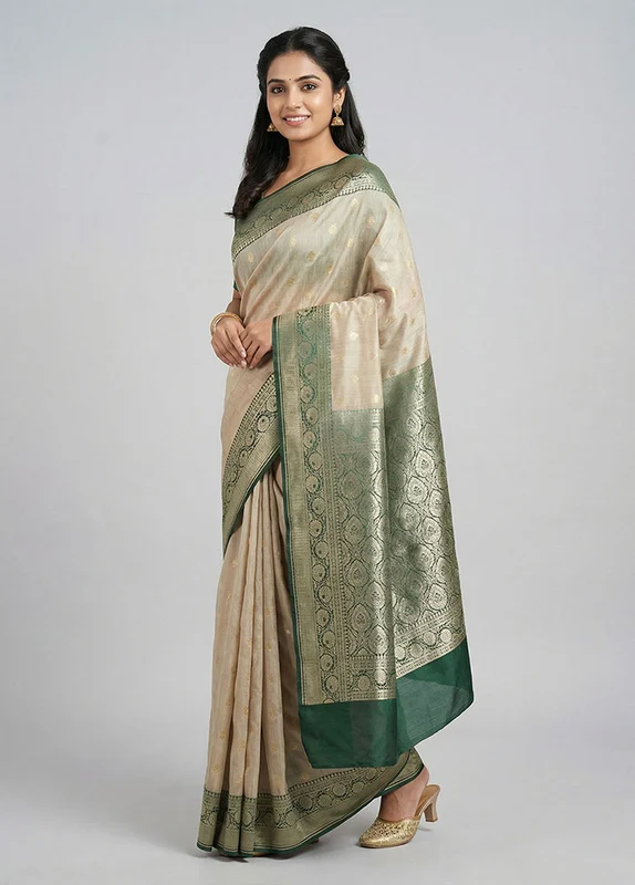 Cream Tussar Silk Saree With Blouse Piece One Size