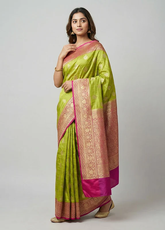 Green Tussar Silk Saree With Blouse Piece One Size