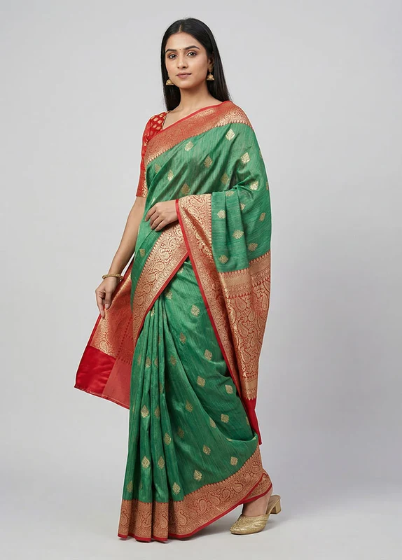 Green Tussar Silk Saree With Blouse Piece One Size
