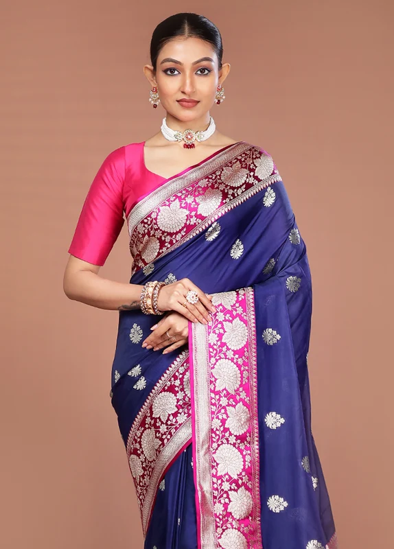 Blue Katan Silk Saree With Blouse Piece One Size