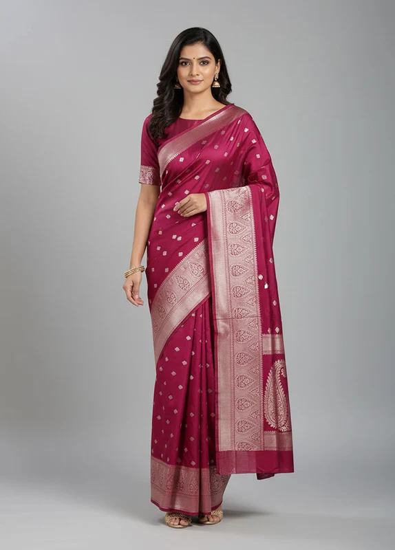 Maroon Dupion Silk Saree With Blouse Piece One Size