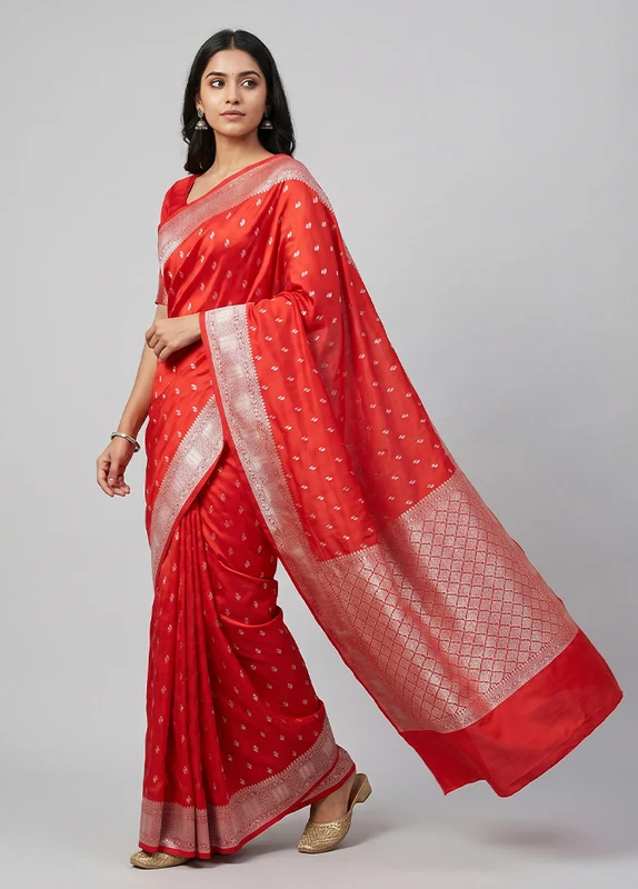 Red Dupion Silk Saree With Blouse Piece One Size