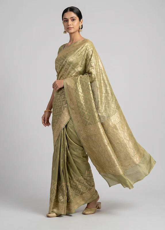 Green Tissue Silk Saree With Blouse Piece One Size