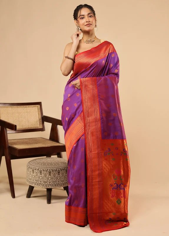 Purple Dupion Silk Saree With Blouse Piece One Size