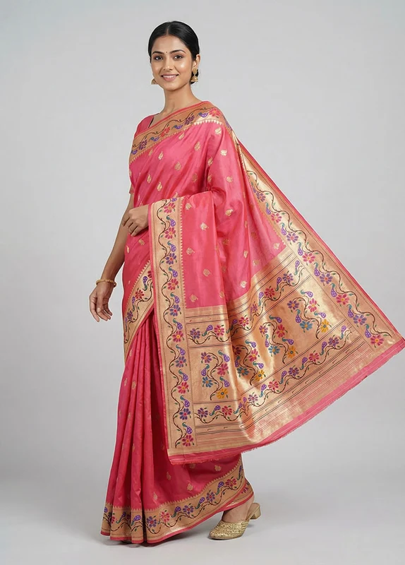 Pink Dupion Silk Saree With Blouse Piece One Size