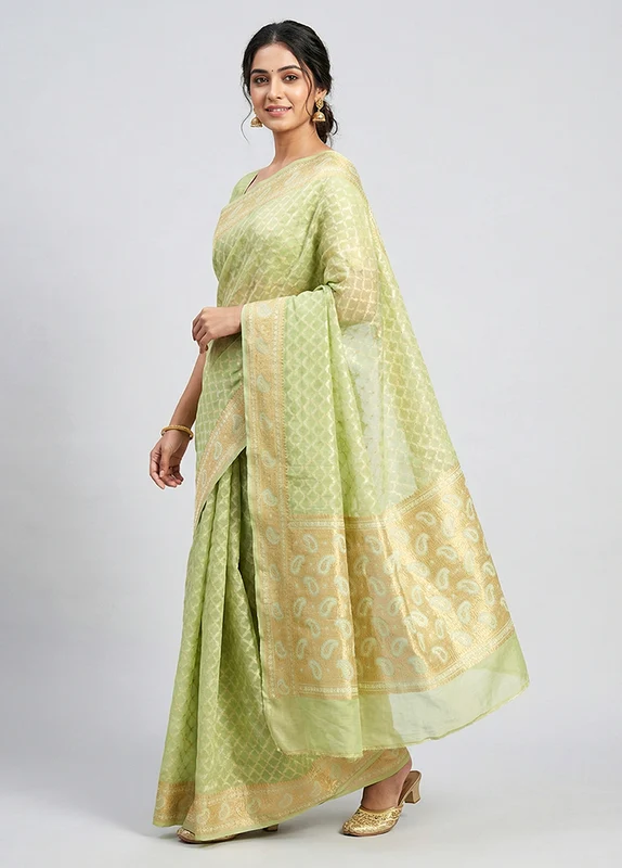 Green Kora Silk Saree With Blouse Piece One Size