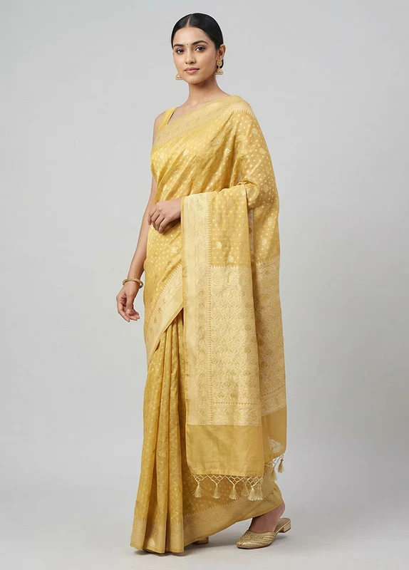 Cream Kora Silk Saree With Blouse Piece One Size