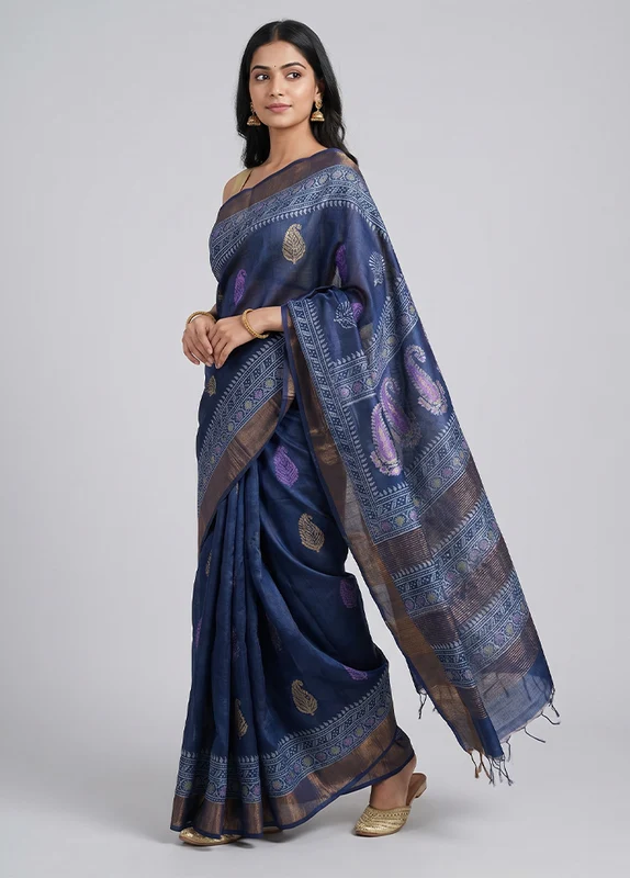 Blue Handloom Tussar Pure Silk Saree With Blouse Piece One Size