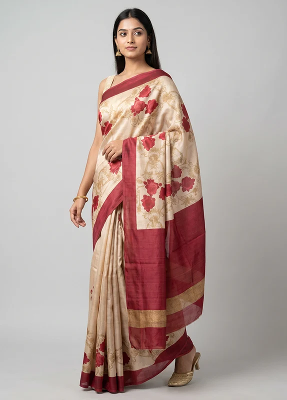 Cream Handloom Tussar Pure Silk Saree With Blouse Piece One Size