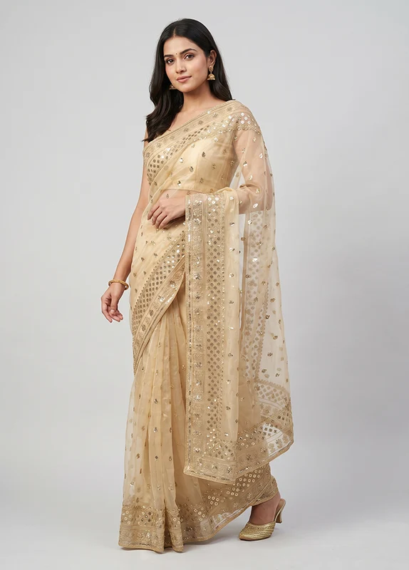 Cream Net Saree With Blouse Piece One Size