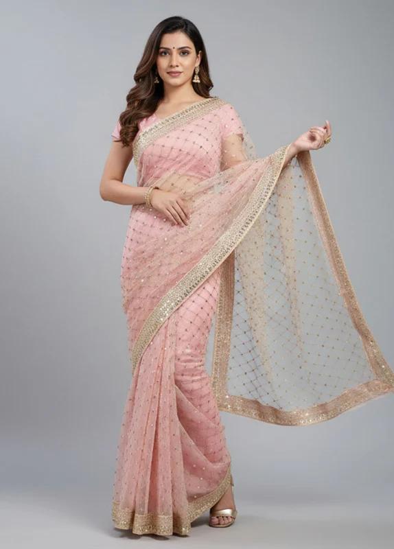 Pink Net Saree With Blouse Piece One Size