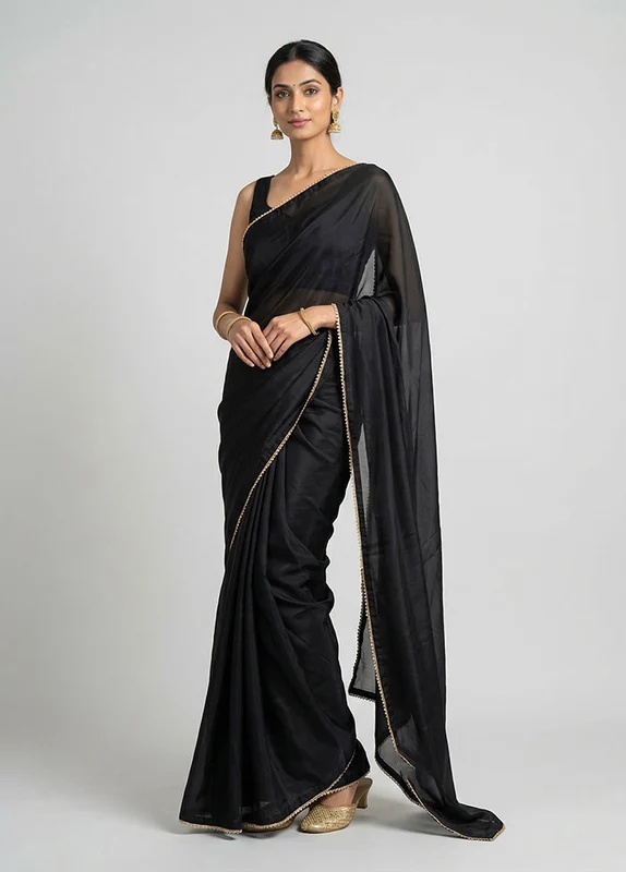 Black Dupion Silk Saree With Blouse Piece One Size