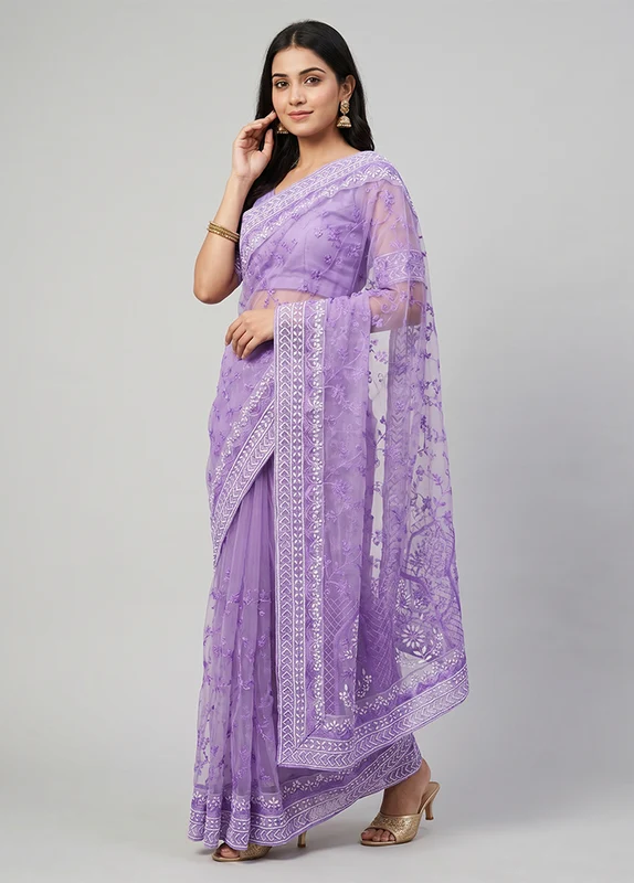 Purple Net Saree With Blouse Piece One Size