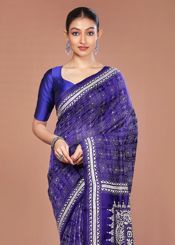 Blue Handloom Kantha Stitch Pure Silk Saree With Blouse Piece One Size