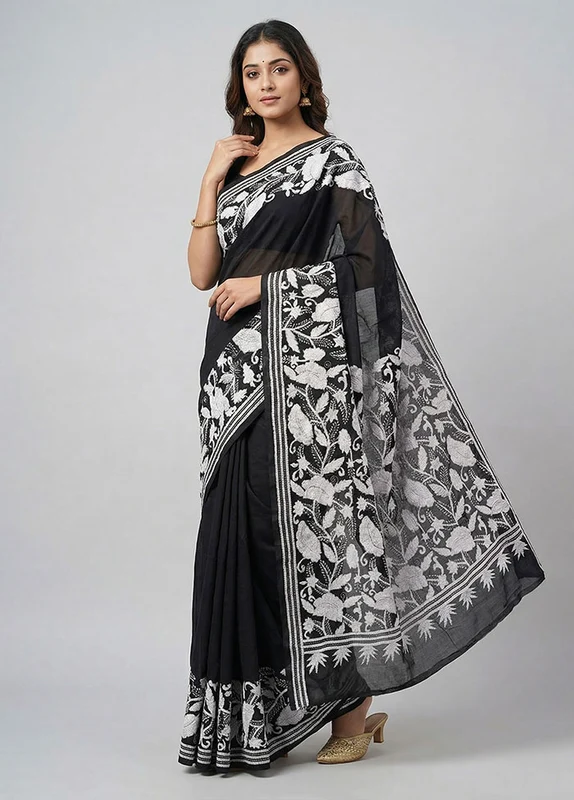 Black Handloom Kantha Stitch Pure Silk Saree With Blouse Piece One Size