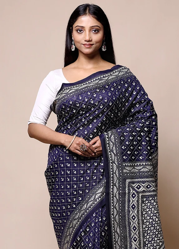 Violet Handloom Kantha Stitch Pure Silk Saree With Blouse Piece Onesize