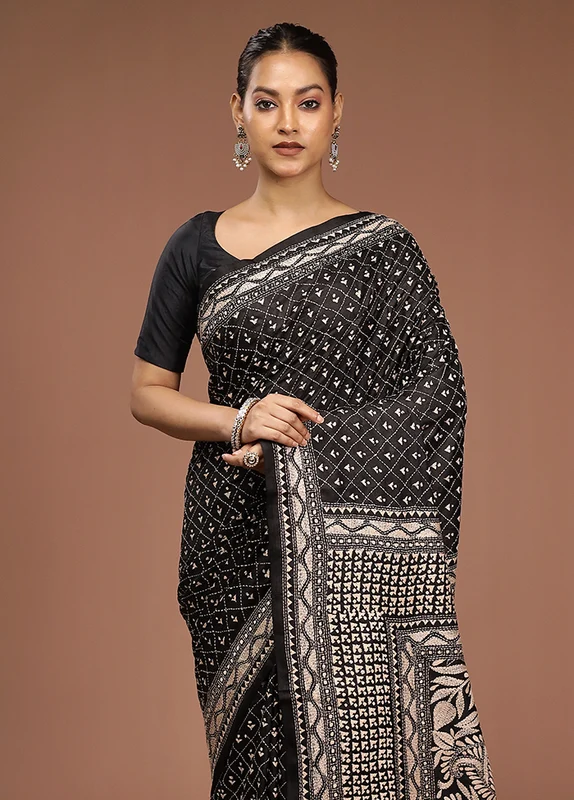Black Handloom Kantha Stitch Pure Silk Saree With Blouse Piece One Size