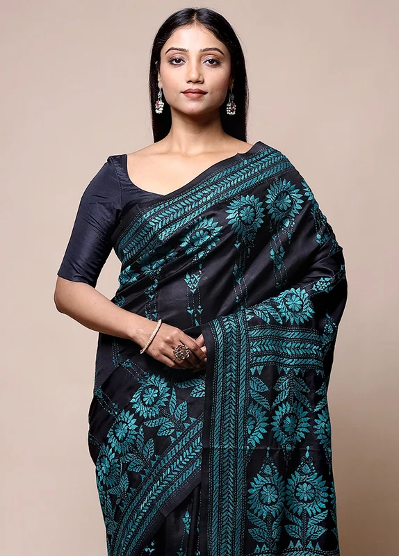Black Handloom Kantha Stitch Pure Silk Saree With Blouse Piece Onesize