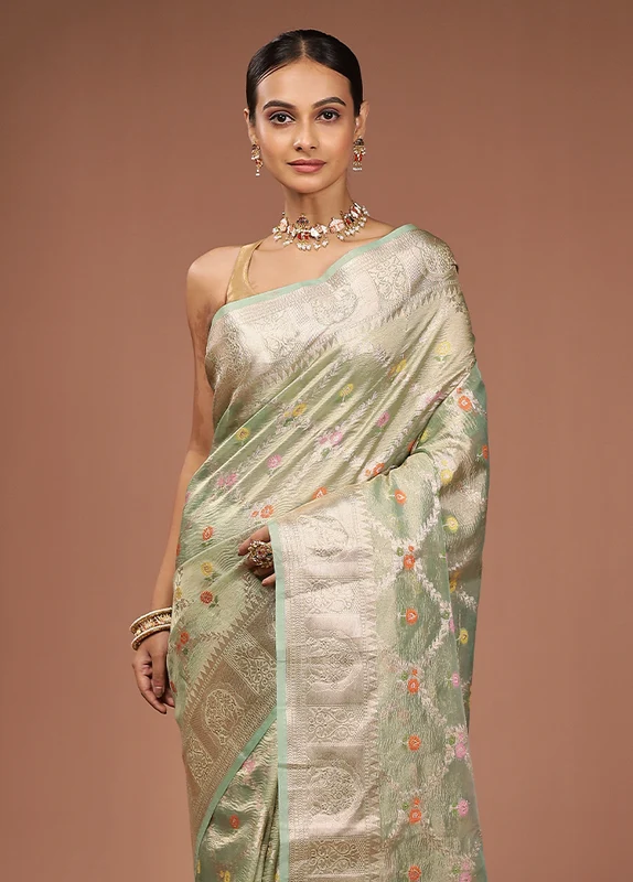 Cream Tissue Silk Saree With Blouse Piece One Size