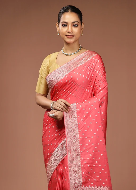 Pink Dupion Silk Saree With Blouse Piece One Size