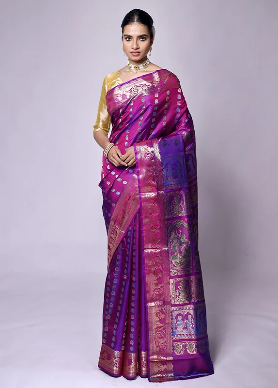 Purple Handloom Baluchari Pure Silk Saree With Blouse Piece Onesize