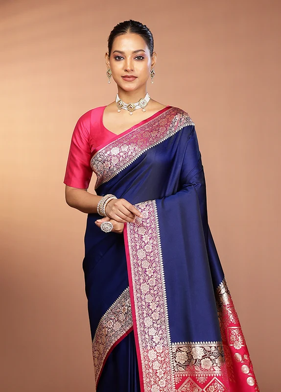 Blue Banarasi Silk Saree With Blouse Piece One Size