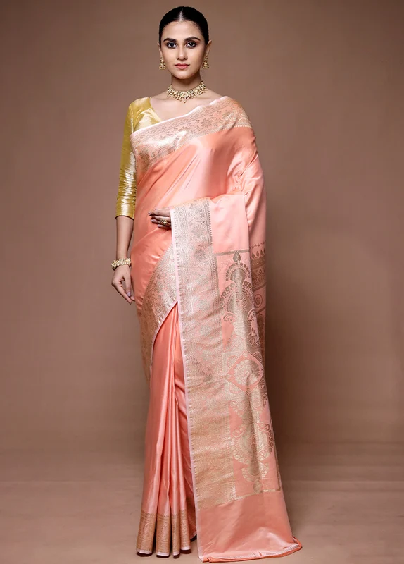Pink Banarasi Silk Saree With Blouse Piece Onesize