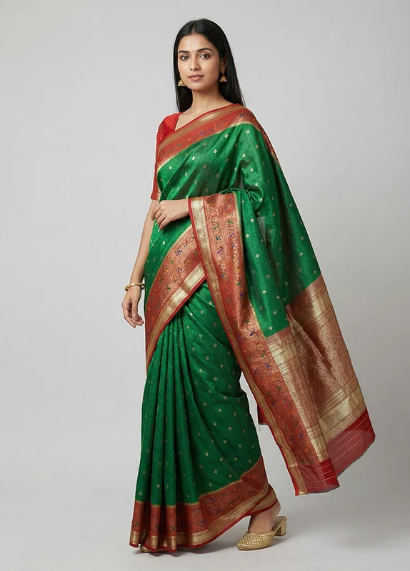 Green Dupion Silk Saree With Blouse Piece One Size