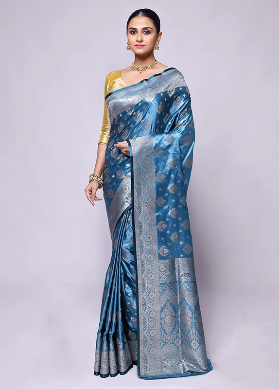Blue Banarasi Silk Saree With Blouse Piece Onesize