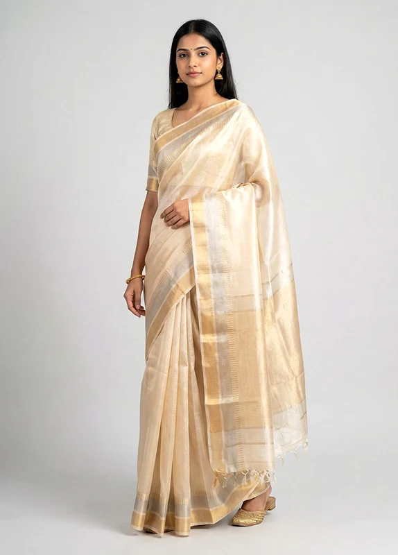 Cream Handloom Tussar Pure Silk Saree With Blouse Piece One Size