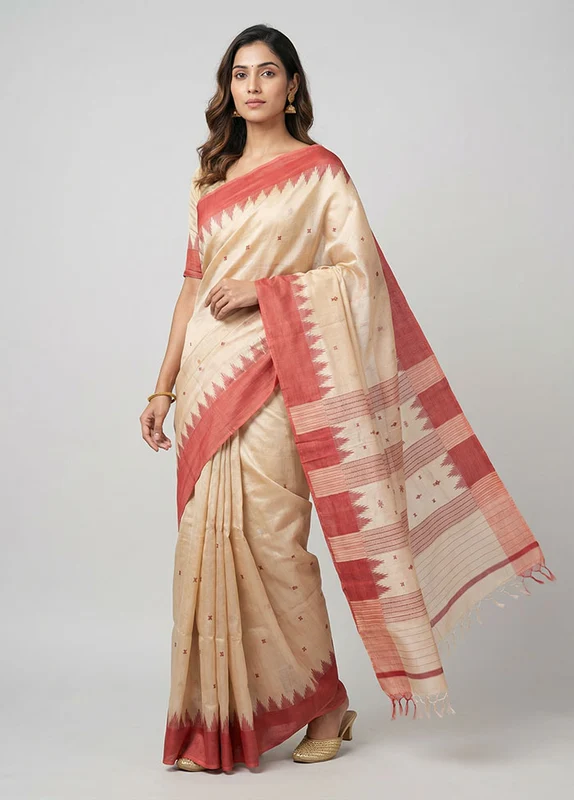 Cream Handloom Tussar Pure Silk Saree With Blouse Piece One Size