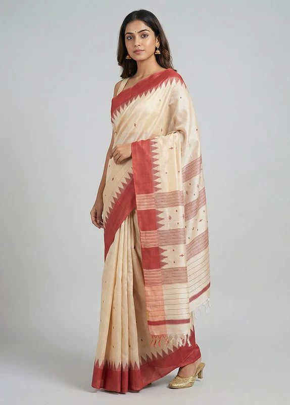Cream Handloom Tussar Pure Silk Saree With Blouse Piece One Size